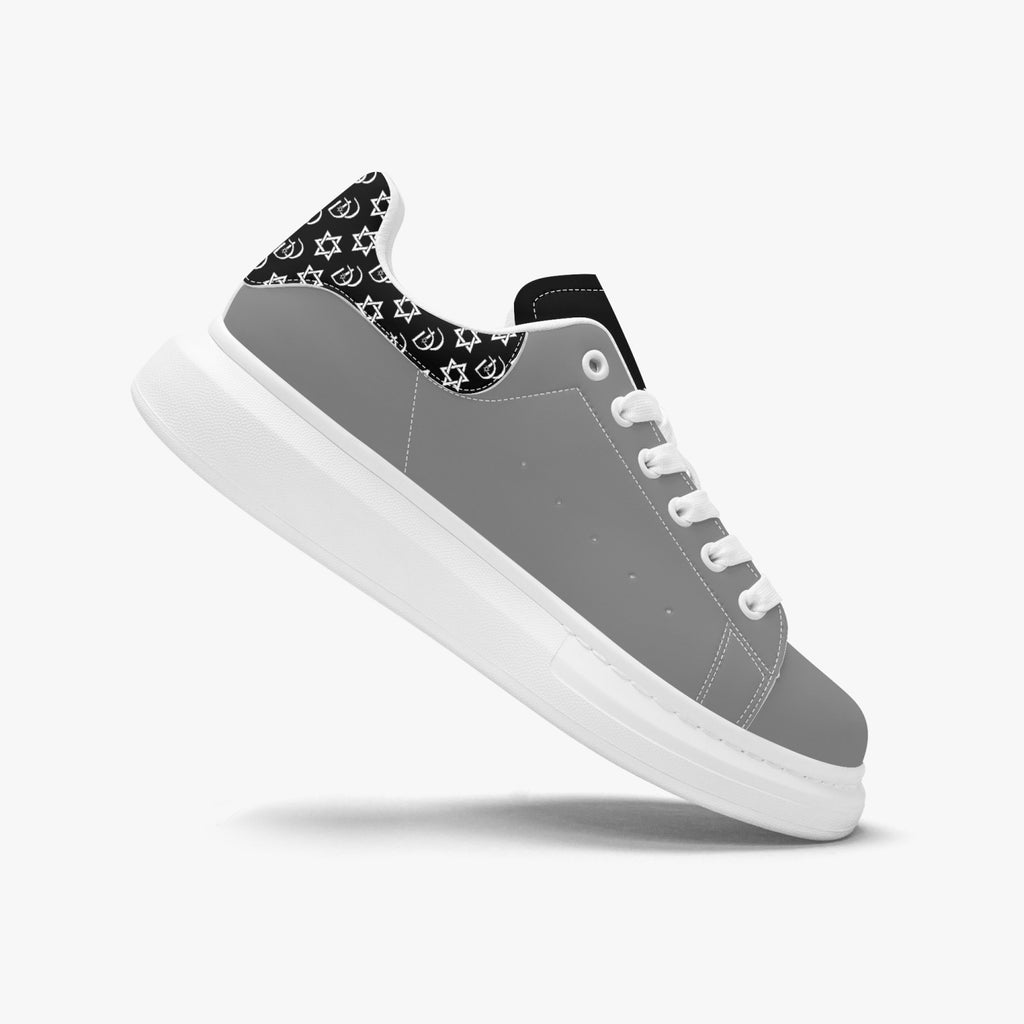 Unisex David Bold Star Of David Pattern Leather Oversized Sneakers - Black on Silver with White Pattern