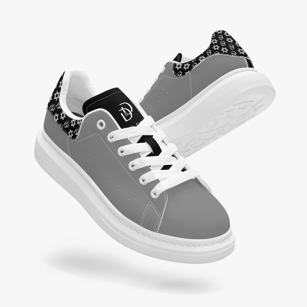 Unisex David Bold Star Of David Pattern Leather Oversized Sneakers - Black on Silver with White Pattern