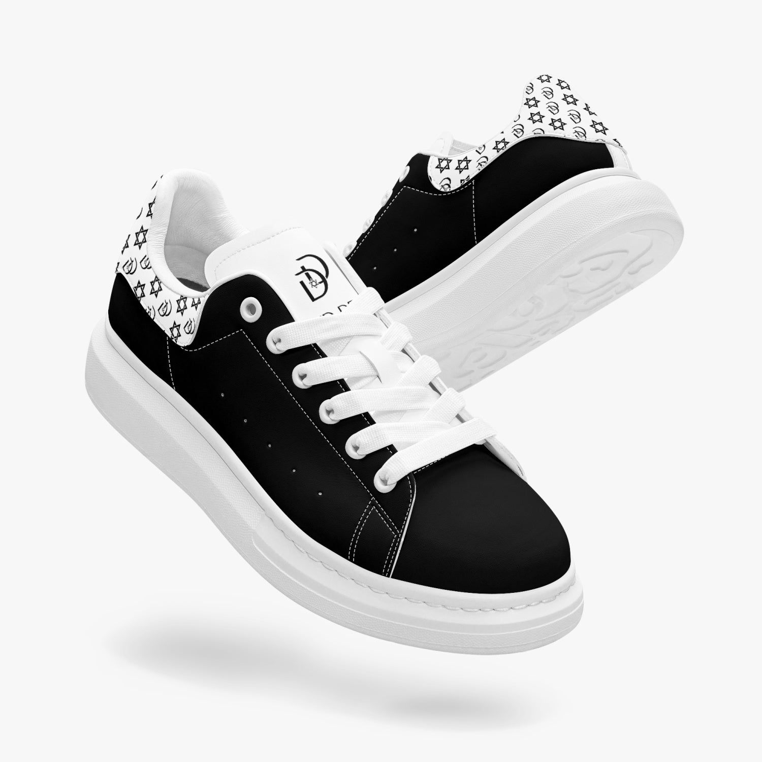 デバニスタ　 黒白デザイン Unisex David Bold Star Of David Pattern Leather Oversized Sneakers