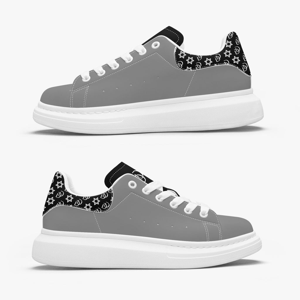 Unisex David Bold Star Of David Pattern Leather Oversized Sneakers - Black on Silver with White Pattern