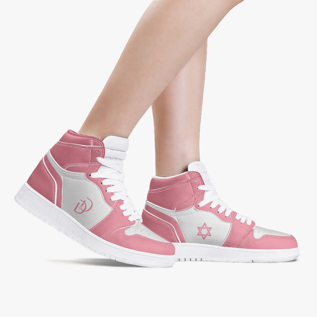 Unisex David Legends Star Of David High-Top Leather Sneakers David Denza- Pink and White