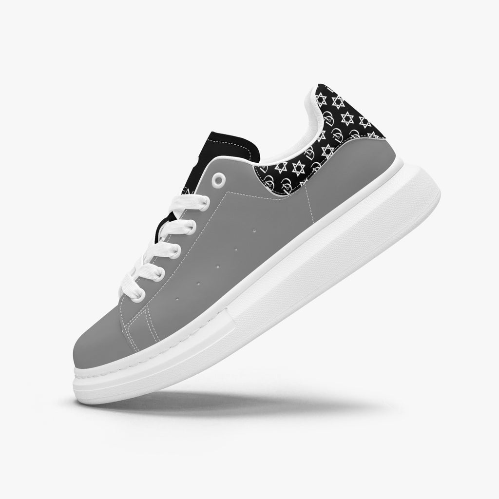 Unisex David Bold Star Of David Pattern Leather Oversized Sneakers - Black on Silver with White Pattern