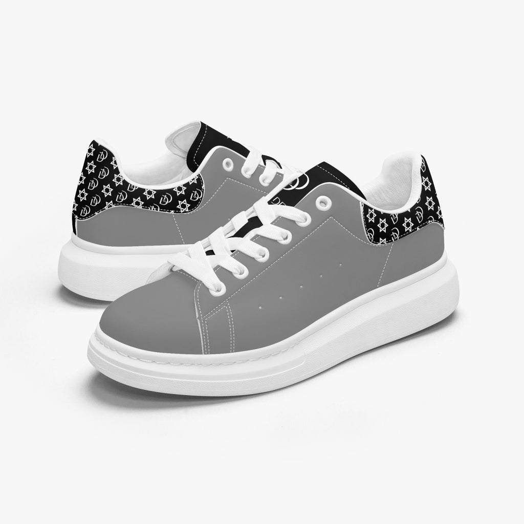 Unisex David Bold Star Of David Pattern Leather Oversized Sneakers - Black on Silver with White Pattern