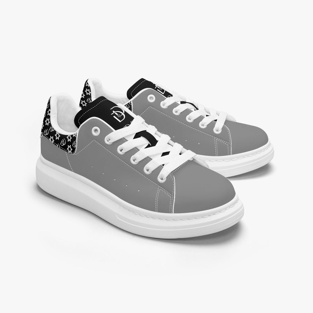 Unisex David Bold Star Of David Pattern Leather Oversized Sneakers - Black on Silver with White Pattern